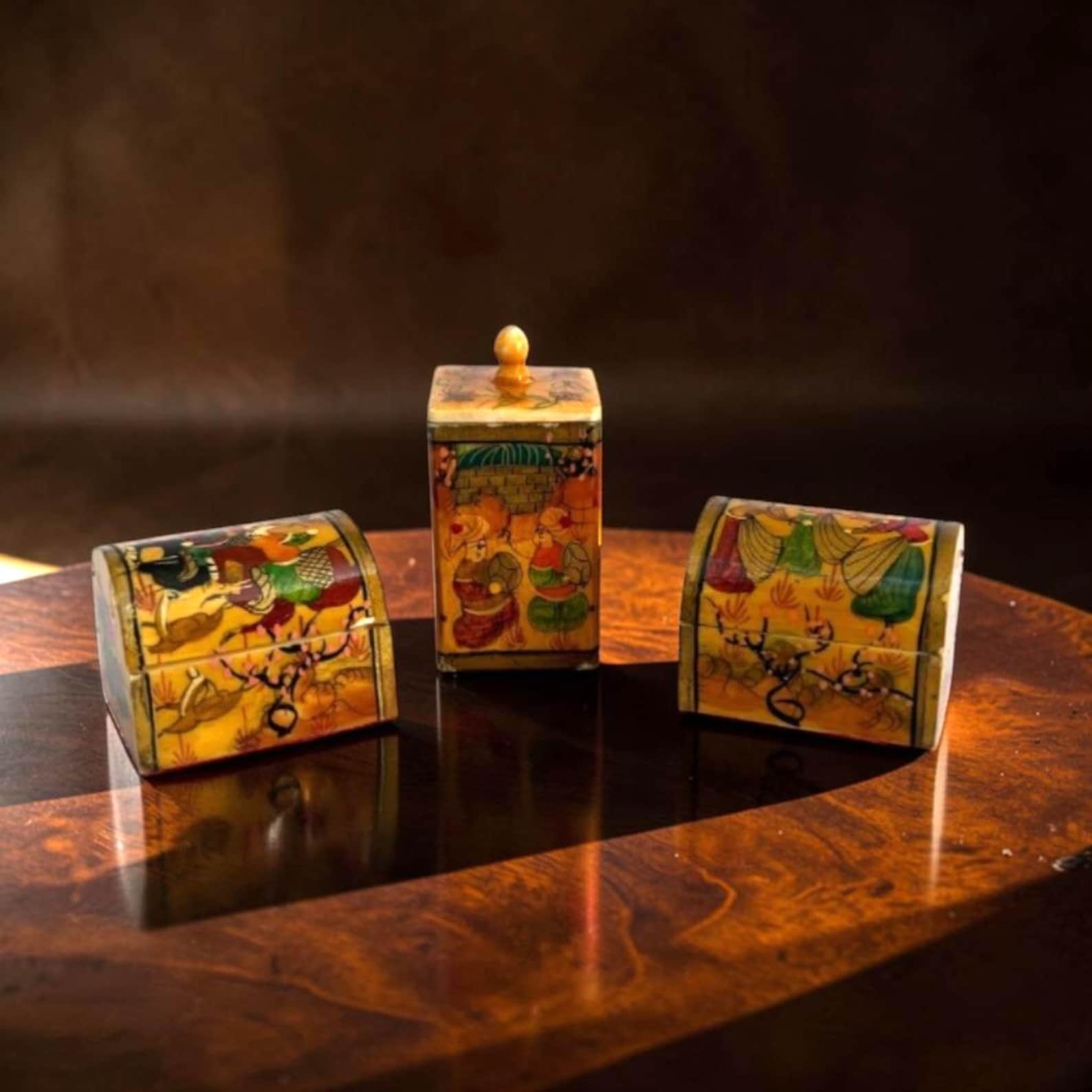 Hand-Painted Bone Boxes – Set of 3 Persian Miniature Trinket Boxes