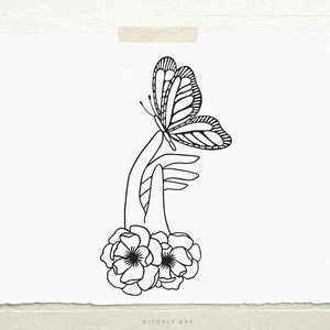 Hand with flowers, butterfly svg file, Illustration, Svg, Cut file, Decal, Cricut, Flower, Silhouette, Commercial use, Mug SVG, line art