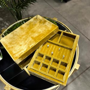 Può includere: Un portagioie in velluto giallo senape con coperchio aperto, che rivela scomparti per anelli e altri piccoli gioielli. La scatola è su un tavolo dorato con specchio, con una pianta sullo sfondo.