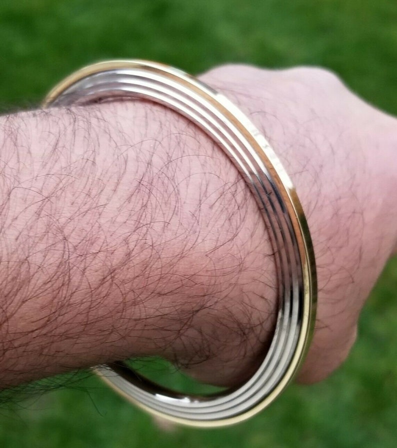 Stunning Stainless Steel BRASS Edge Gold affect Sikh Singh Khalsa Chakri Kara A6