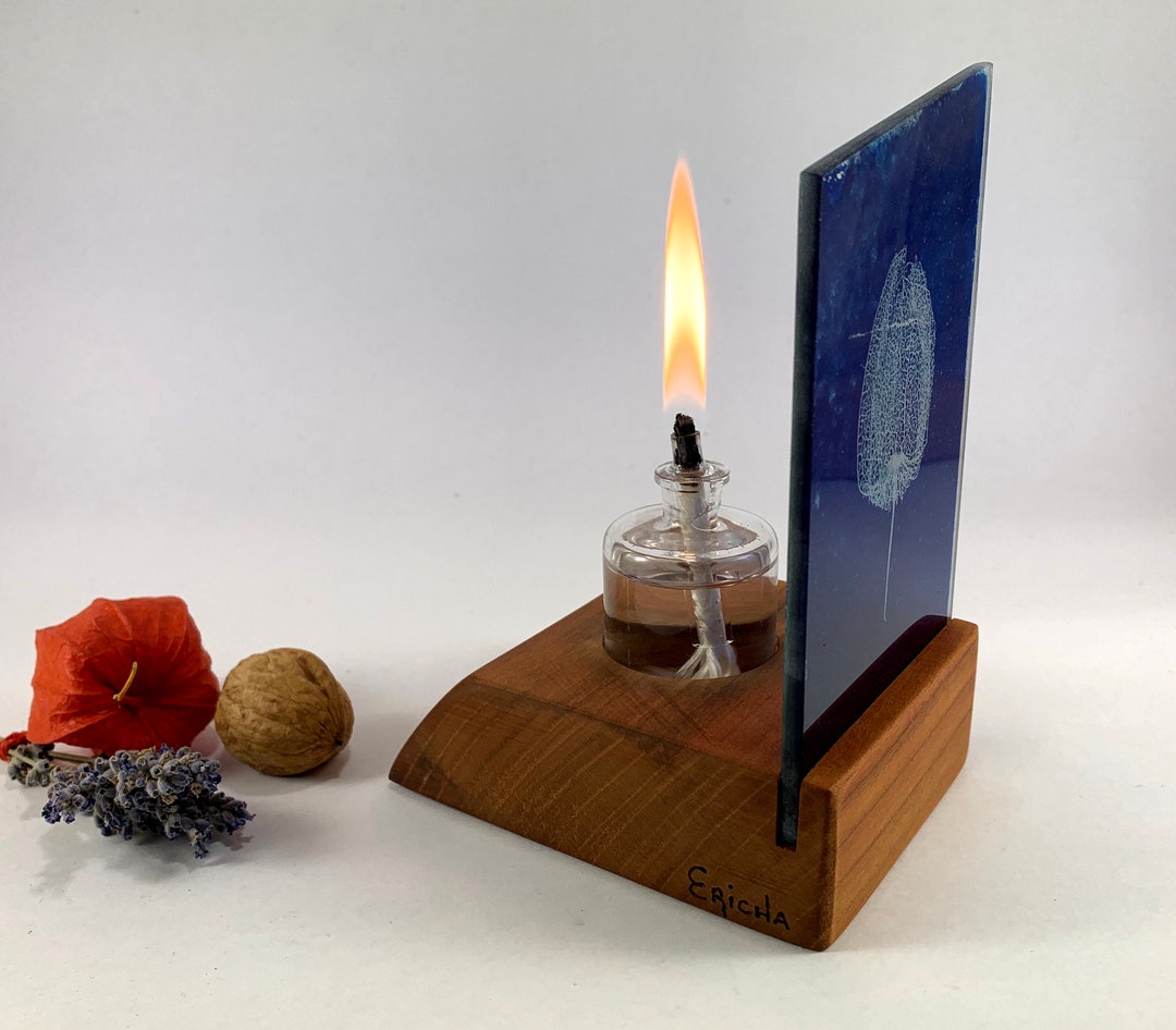 Oil Lamp Wood Candle Holder Cyanotype Glass Wood Candle Etsy