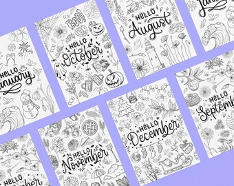 Dibujos para colorear de temporada: Temas de doodle de 12 meses (PDF y PNG)