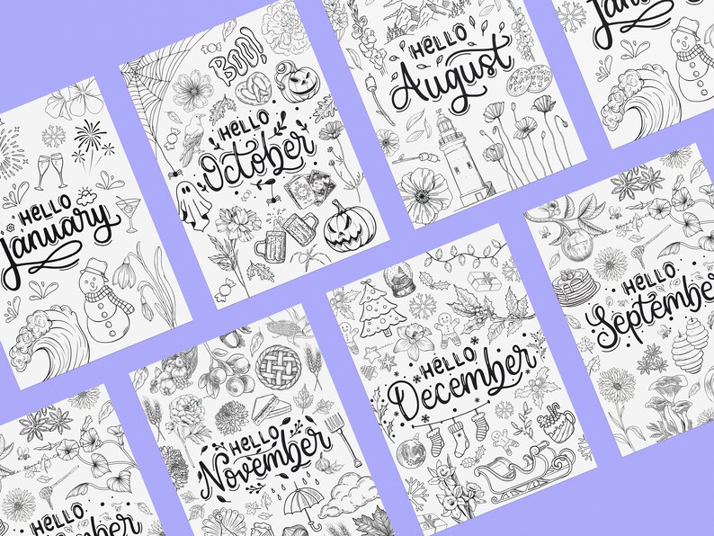 May include: A set of 12 printable coloring pages featuring hand-drawn illustrations of each month of the year. Each page includes a unique design with seasonal elements and the text "Hello [Month Name]" in a handwritten font.