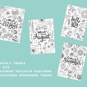 May include: Four printable coloring pages featuring monthly themes with hand-drawn illustrations. The pages include "Hello October", "Hello August", "Hello 2024", and "Hello November".