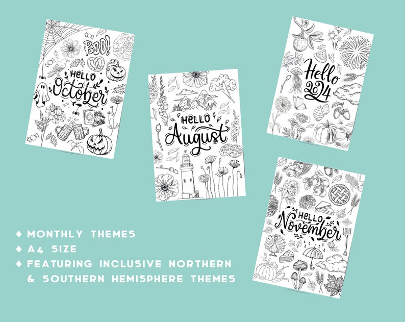 May include: Four printable coloring pages featuring monthly themes with hand-drawn illustrations. The pages include "Hello October", "Hello August", "Hello 2024", and "Hello November".