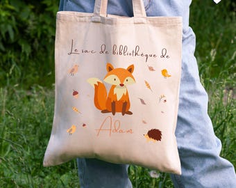Sac de bibliothèque Personnalisé Renard -  Tote Bag Enfant Personnalisé - Sac de rechange enfant - Sac à livres enfant - Tote Bag Livres