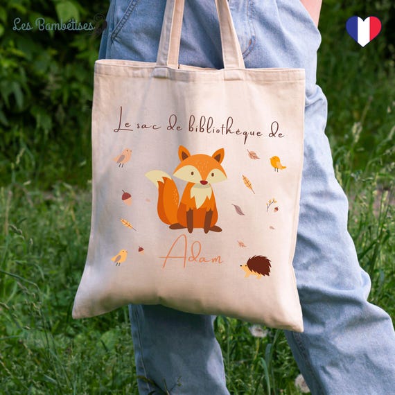 Sac de bibliothèque Personnalisé Renard -  Tote Bag Enfant Personnalisé - Sac de rechange enfant - Sac à livres enfant - Tote Bag Livres