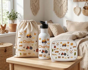 Kit Rentrée Scolaire Personnalisé Ferme- Pack Gourde Boîte à Goûter et Pochon Prénom - Cadeau Enfant École Maternelle - Set Rentrée