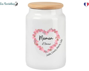 Pot à Biscuits Personnalisable Cœur Fleurs Roses - Cadeau Maman - Cadeau Nounou - Cadeau Mamie