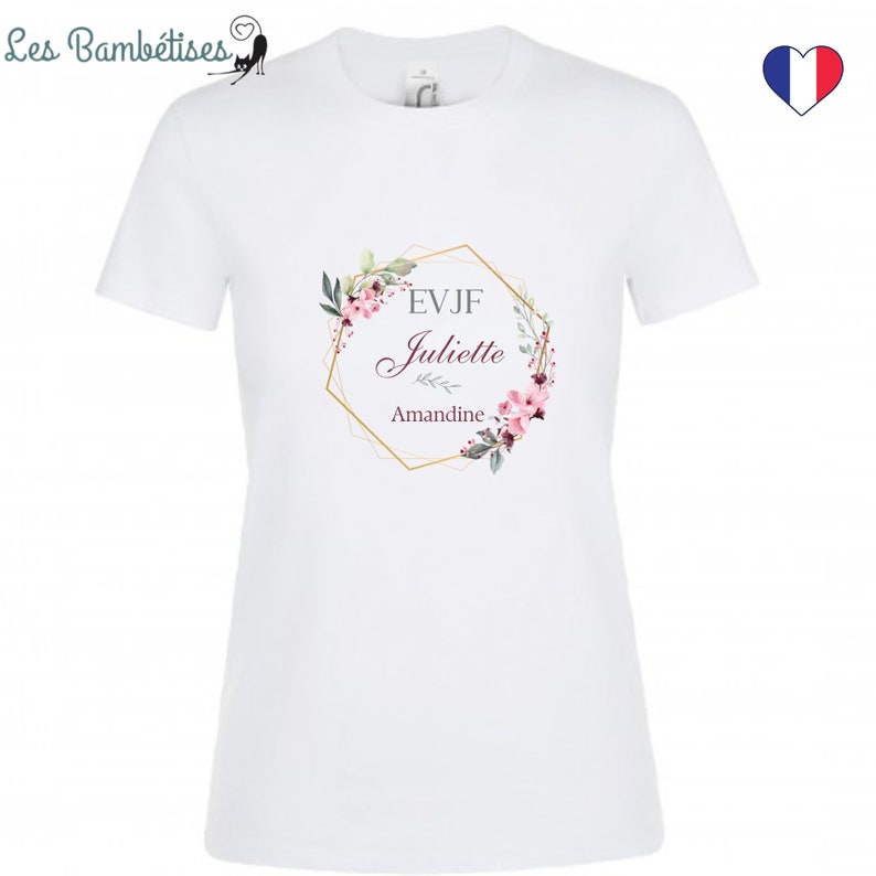 May include: White t-shirt with a gold geometric frame and floral design. The text "EVJF Juliette Amandine" is inside the frame.