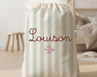 Bolsa de almacenamiento personalizada a rayas verde salvia - Bolsa de almacenamiento para niños