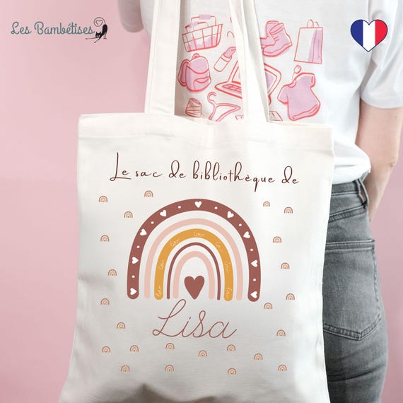 Sac de bibliothèque Personnalisé Arc en Ciel Boho -  Tote Bag Enfant Personnalisé - Sac de rechange enfant - Sac à livres enfant