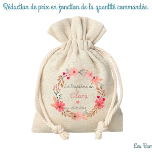 Pochon Baptême Personnalisable Fleurs 9.5X12Cm - contenant dragées baptême fille - cadeau invité baptême - Pochon Dragées Communion