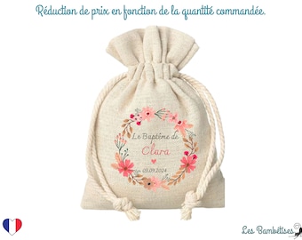 Customizable Baptism Bag Flowers 9.5X12Cm - containing girl's baptism sugared almonds - baptism guest gift - Communion Dragées Bag