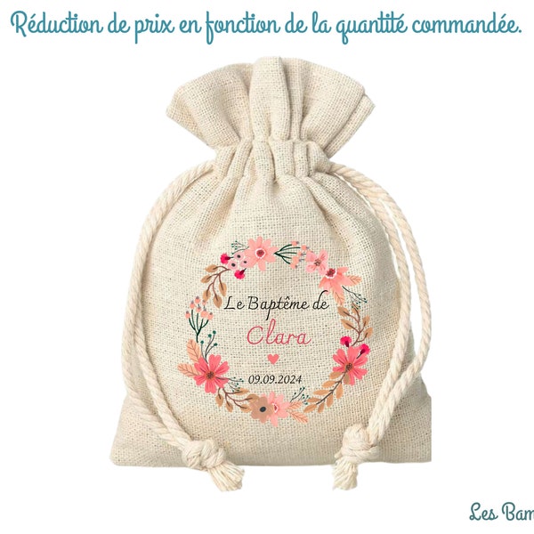 Pochon Baptême Personnalisable Fleurs 9.5X12Cm - contenant dragées baptême fille - cadeau invité baptême - Pochon Dragées Communion