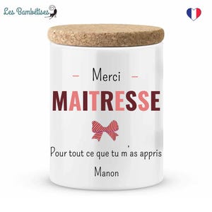 Pot en Céramique & Couvercle en Liège Maitresse Nœud Personnalisé - Cadeau Maitresse fin d'année - Pot personnalisé maitresse
