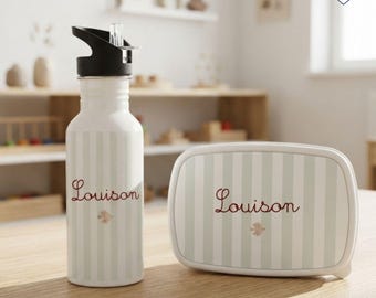 Botella de agua y lonchera personalizadas para niños con rayas verde salvia | Set de regreso a clases para preescolar y primaria | Regalo para baby shower