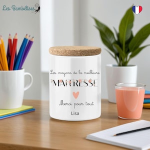 Maceta de cerámica con flores bohemias personalizada y tapa de corcho para profesor/a - Regalo de fin de curso - Maceta personalizada para profesor/a