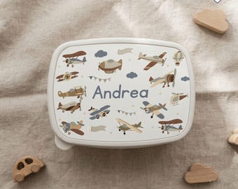Fiambrera retro personalizada con diseño de avión, fiambrera infantil para el colegio o la guardería, regalo de vuelta al cole para niños y niñas, fiambrera vintage.