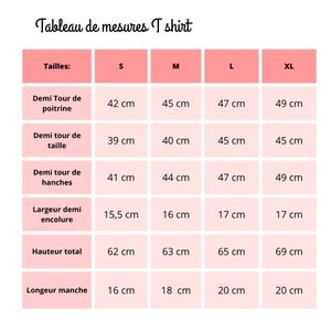 May include: A chart showing t-shirt measurements in centimeters for sizes S, M, L, and XL. The chart includes measurements for half chest, half waist, half hips, half neck, total height, and sleeve length.