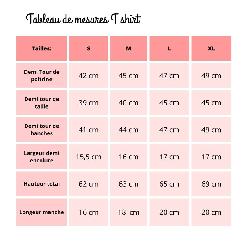 May include: A chart showing t-shirt measurements in centimeters for sizes S, M, L, and XL. The chart includes measurements for half chest, half waist, half hips, half neck, total height, and sleeve length.