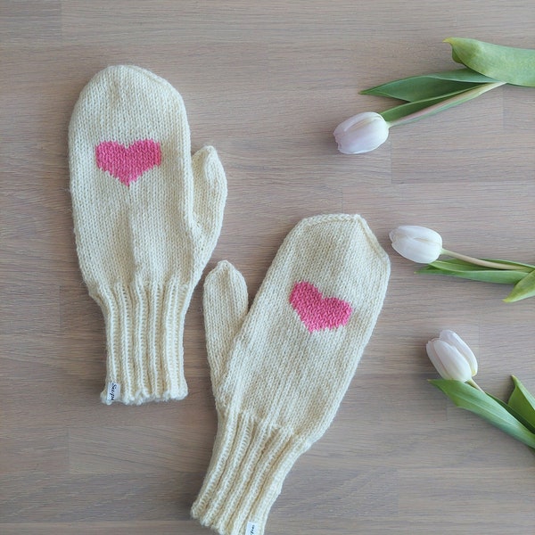 MADE TO ORDER: Hand knit women's mittens with a heart decoration