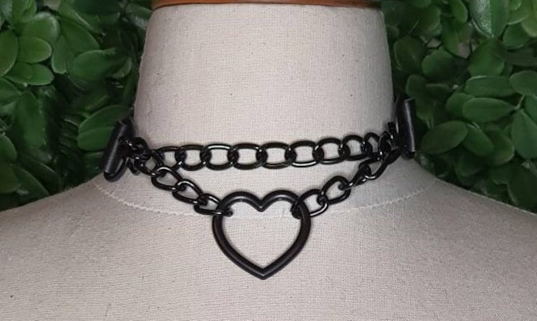 Black Chain Heart Choker With Straps Etsy