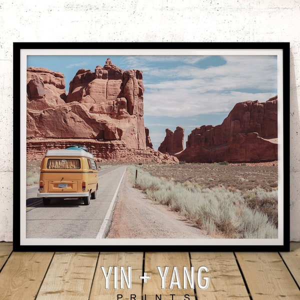 VW Van Print, Camper Van Print, Road Trip Print, Desert Landscape Print, Boho Wall Art, Travel Print, Retro Van Print, America Desert Poster