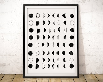 May include: Black and white print of a moon phase pattern. The print is framed in a black frame and has the text "Yin + Yang Prints" at the bottom.
