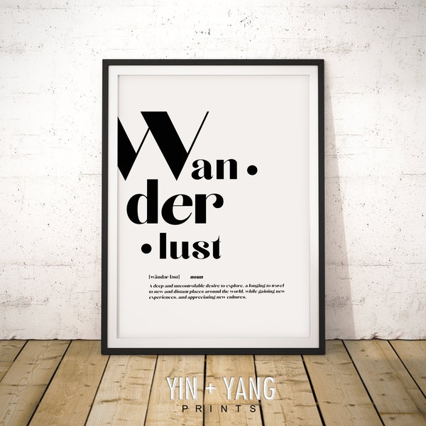 Wanderlust Print, Wanderlust Definition, Wanderlust, Scandinavian Print, Minimalist Typography Print, Black and White Print, Printable Decor