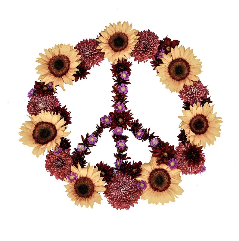 May include: A peace sign made of yellow sunflowers and burgundy flowers. The sunflowers are arranged in a circle around the peace sign, and the burgundy flowers are arranged in a circle around the sunflowers.
