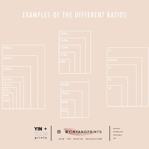 May include: A white graphic on a light pink background shows different print sizes in inches and centimeters. The graphic is labeled "Examples of the Different Ratios". The text "YIN + YANG prints" is at the bottom of the graphic, along with the social media handle "@YINYANGPRINTS" and the text "Join the Digital Revolution".