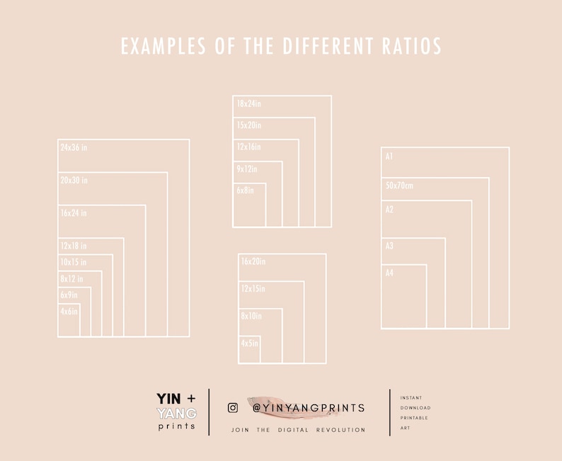 May include: A white graphic on a light pink background shows different print sizes in inches and centimeters. The graphic is labeled "Examples of the Different Ratios". The text "YIN + YANG prints" is at the bottom of the graphic, along with the social media handle "@YINYANGPRINTS" and the text "Join the Digital Revolution".