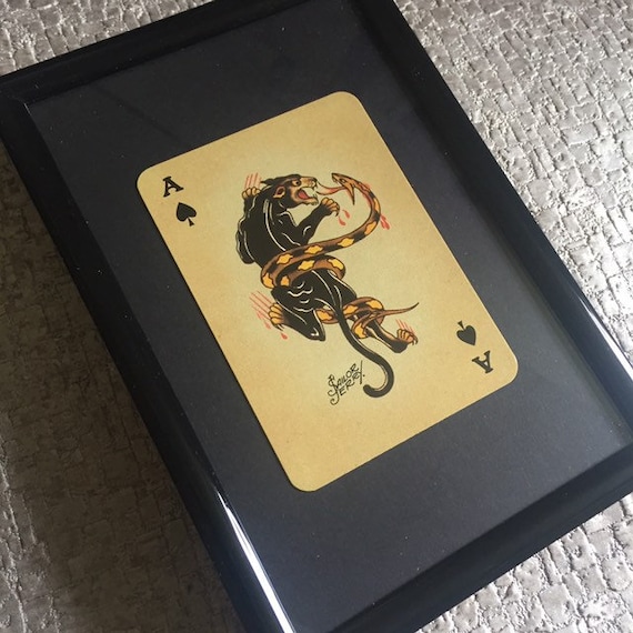 Sailor Jerry Framed Playing Card. Ace of Spades. Tattoo. Wild Cat