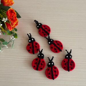 May include: Five handmade red and black ladybug appliques. Each ladybug has a red body with black spots and a black head with white accents. The ladybugs are arranged on a light wood-grain surface.