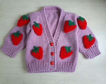 hand knitted baby girl cardigan , strawberry baby cardigan ,knitted merino  baby cardigan ,kids sweater, girl's clothing