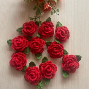 10 piezas de apliques de rosa de crochet, adorno de rosa, motivo floral, costura, crochet, regalo para ella, cárdigan de flores