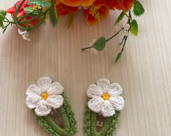 Pinza para el cabello de ganchillo, pinzas para el cabello con flores, pinza para niña, regalo de cumpleaños, pinzas para el cabello con flores de margarita de ganchillo