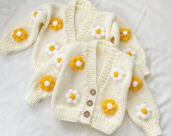 daisy cardigan,knitted  flower baby cardigan ,kids sweater ,flower chunky baby cardigan, knit baby clothes ,