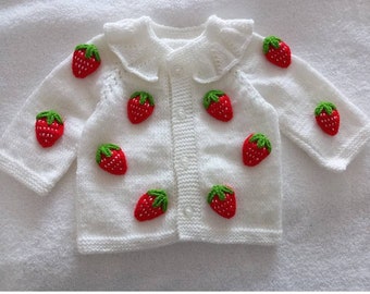 hand knitted  baby cardigan ,knitted strawberry baby cardigan, baby shower gift girl, knit baby clothes ,knit newborn baby sweater