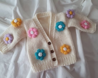 Knitted flower  baby cardigan ,kids sweater ,flower chunky baby cardigan, knit baby clothes ,