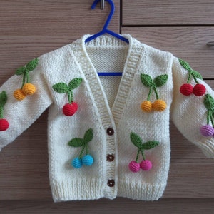 hand knitted cherry baby cardigan ,chunky baby cardigan,baby girl clothing