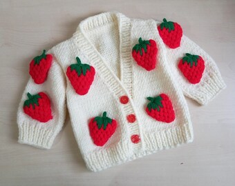 hand knitted strawberry baby cardigan, kids sweater, knit baby clothes ,knit cardigan ,knit sweater