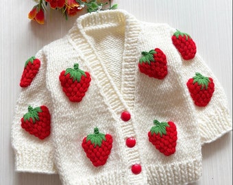 hand knitted strawberry baby cardigan ,knitted baby clothes ,baby knits ,baby gift ,