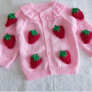 hand knitted strawberry baby cardigan, knitted baby clothes, birthday gift