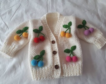 hand knitted chunky cherries baby cardigan ,knitted baby clothes, baby outfit cardigan ,baby girl clothing