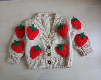 Knitted strawberry baby cardigan ,knitted baby clothes, chunky baby cardigan ,winter cardigan ,girl cardigan