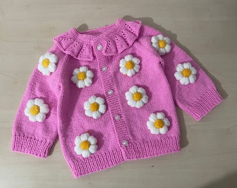 Hand knitted flower baby cardigan ,knitted baby clothes ,baby sweaters,baby gift