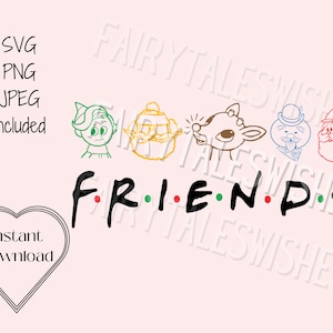 May include: A digital design featuring the characters from the movie "Elf" and the word "FRIENDS" in a stylized font. The characters are Buddy the Elf, Jovie, Santa Claus, and the Abominable Snowman. The design is perfect for creating Christmas-themed crafts, apparel, or home decor.