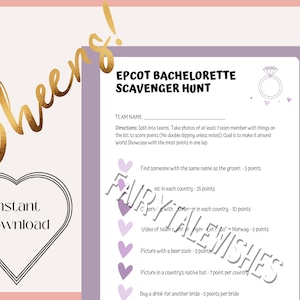 Op de afbeelding: Een printbaar speurtocht spel voor een vrijgezellenfeest in Epcot, een pretpark in Walt Disney World. Het spel bevat een lijst met taken om te voltooien, zoals het vinden van iemand met dezelfde naam als de bruidegom, het maken van een foto met een bierpul en het kopen van een drankje voor een andere bruid.